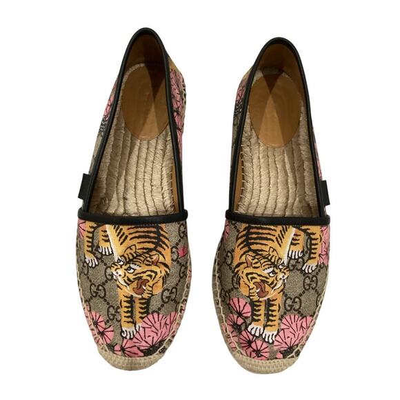 Gucci Bengal Tiger Floral Supreme Monogram Canvas Round Toe Espadrilles Size 8 - Picture 2 of 13